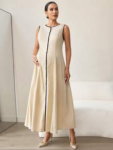 MaterniWear Maternity Clothes Maternity Jumpsuit Elegant Office Attire For Commuting Summer Khaki And Black Trim Round Neck Single-Breasted Sleeveless Maternity Dress, Long Style, Cotton Dress.