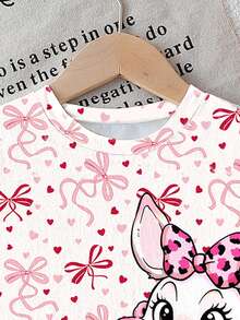 女婴可爱印花圆领短袖T恤，适合派对和聚会穿着，饰有蝴蝶结、爱心、兔子和小熊图案，轻盈舒适，适合春夏穿着，时尚休闲，可用于户外活动、上学、派对、野餐和送礼，也适合秋冬季穿着。 - 玫紅色 - 查看 5