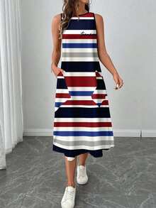 SHEIN LUNE 女士休闲条纹印花中长连衣裙，适合春夏穿着 - 彩色 - 查看 4