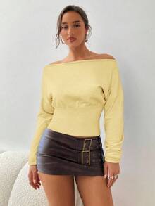 Aloruh Áo len nữ mùa thu/đông, hở vai, bất đối xứng, tay dài, ôm sát, chất liệu gân sọc. - Màu vàng - Xem 3