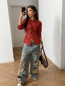 StreetHx Camicia oversize a maniche lunghe in stile retrò anni 2000 Y2K, con lacci in vita, a quadri marroni, comoda, adatta per l'autunno/inverno - Rosso - Visualizzare 6