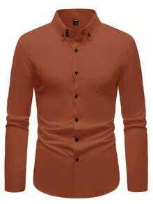 Manfinity Mode Áo sơ mi nam tay dài đơn giản, tối giản, màu trơn - trái cam - Xem 6