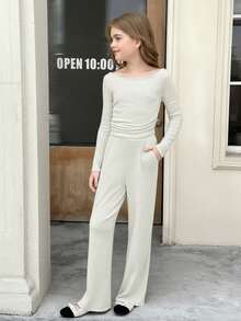 Serisse Kids 少女秋冬休闲时尚百搭罗纹露肩/露肩两用T恤套装，带口袋，搭配直筒裤，适合周末、休闲外出、返校季穿着。 - 杏色 - 查看 3