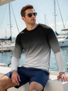 CoralVoy 渐变色圆领长袖男士泳衣防晒衣T恤 男士T恤 男士渐变色圆领长袖冲浪T恤 男士泳衣长袖泳衣 男士防晒衣 男士运动服长袖夏季T恤 - 淺灰色 - 查看 4