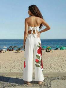 CAJUNI 女士花卉刺绣前系带腰部镂空性感抹胸阔腿连体裤 - 杏色 - 查看 2