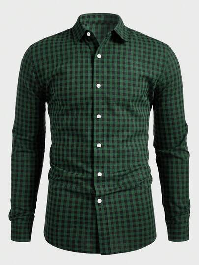 EASEVO Camisa de manga larga casual/de negocios de talla grande para hombres con cuello a cuadros y abotonadura sencilla