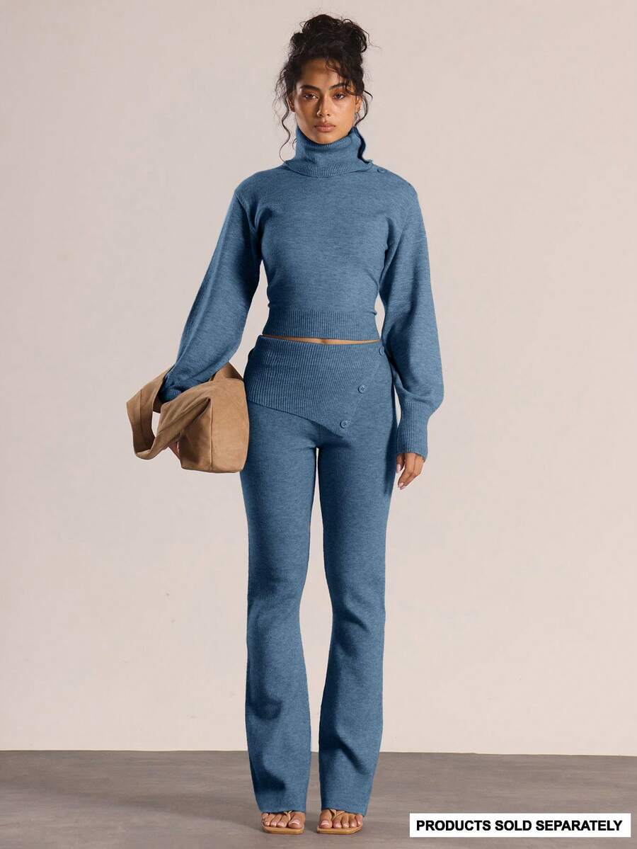 MUSERA Quần ống loe dệt kim cạp trung bình, có khuy gập, chỉ có màu len, thích hợp mặc mùa đông, đi chơi, hàng ngày, đi chơi tối, gợi cảm, dễ thương, ấm áp, mùa xuân. - Màu xanh bụi bặm - Xem 1