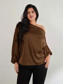 SHEIN Privé Áo kiểu nữ cỡ lớn màu trơn tay cánh dơi, kiểu dáng thanh lịch, vai lệch. - Lạc đà - Xem 3