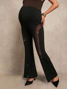 MaterniChic 孕妇高腰网纱拼接修身喇叭裤