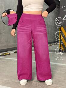 EMERY ROSE Jeans de pierna ancha de novio de punto elástico de talla grande - Rosa Fucsia - Ver 1