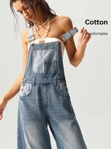 Bohemela 女士宽松纯色梭织牛仔背带裤，带口袋，休闲