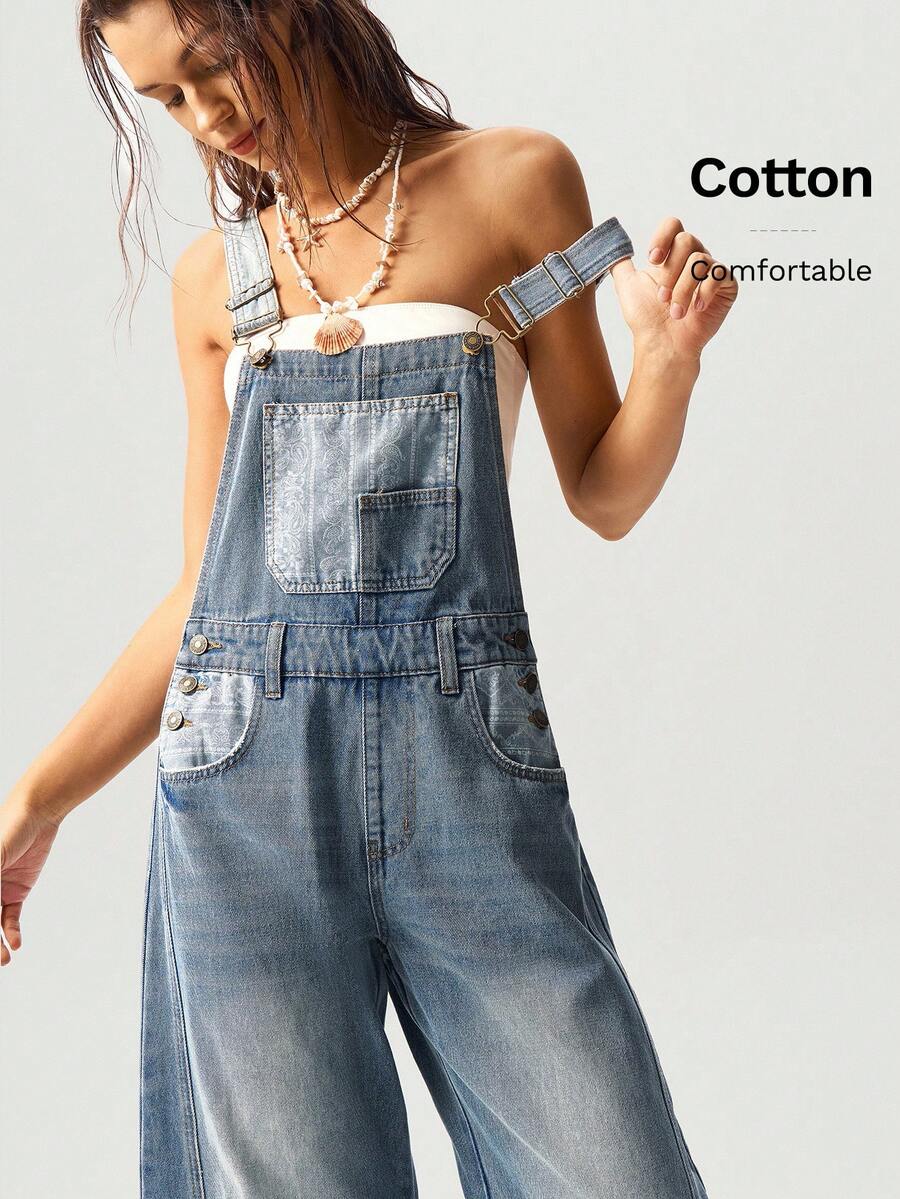 Bohemela 女士宽松纯色梭织牛仔背带裤，带口袋，休闲