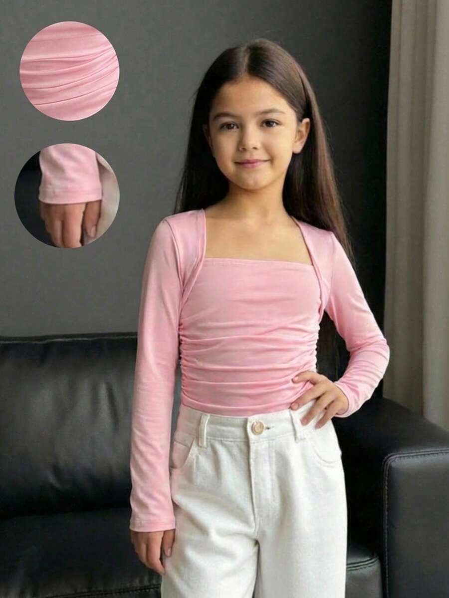 SHEIN Tween Girl Ruched Long Sleeve T-Shirt, Slit Cuffs, Waist Ruching, Square Neck T-Shirt, Autumn/Winter Top - Coral Pink - View 1