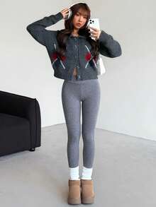 SHEIN Quần legging yoga dài, dáng ôm, thoải mái, màu trơn, lót giữ nhiệt, dành cho bé gái tuổi teen. - Màu xanh hải quân - Xem 4