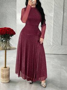 Feyla Long Sleeve Front Slit 3D Floral Elegant Elegant Versatile Party Dress - Burgundy - View 3