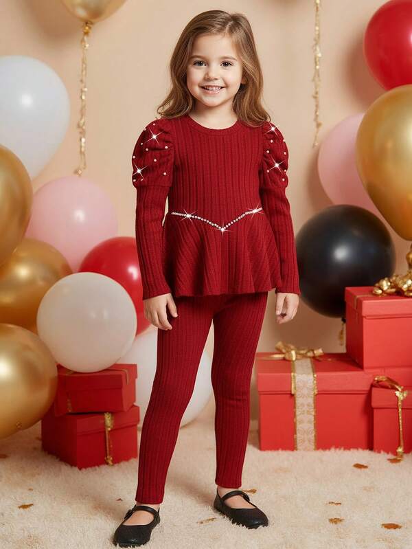 Sparklyn 2pcs/Set Young Girls Fashion Red Ribbed Pearl Bubble Long Sleeve V-Neck Pearl Hem Top + Red Ribbed Slim Fit Pants, Suitable For Daily Outings, Parties, Spring/Autumn  Princess  Halloween/Christmas Party Sets For  Vacation  Autumn And Winter