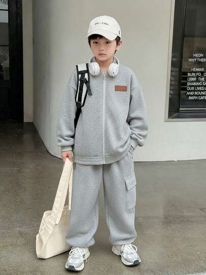 SHEIN Little Byeori 2 piezas Conjunto de chaqueta con cuello de béisbol acanalada y pantalón jogger de ajuste relajado con bolsillos para niños/preadolescentes, cómodo para uso diario, adecuado para la escuela, el jardín, la playa, el cumpleaños, primavera, verano, otoño, invierno