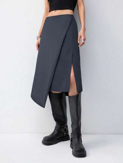 SHEIN EZwear 大码灰色不对称下摆无袖半身裙