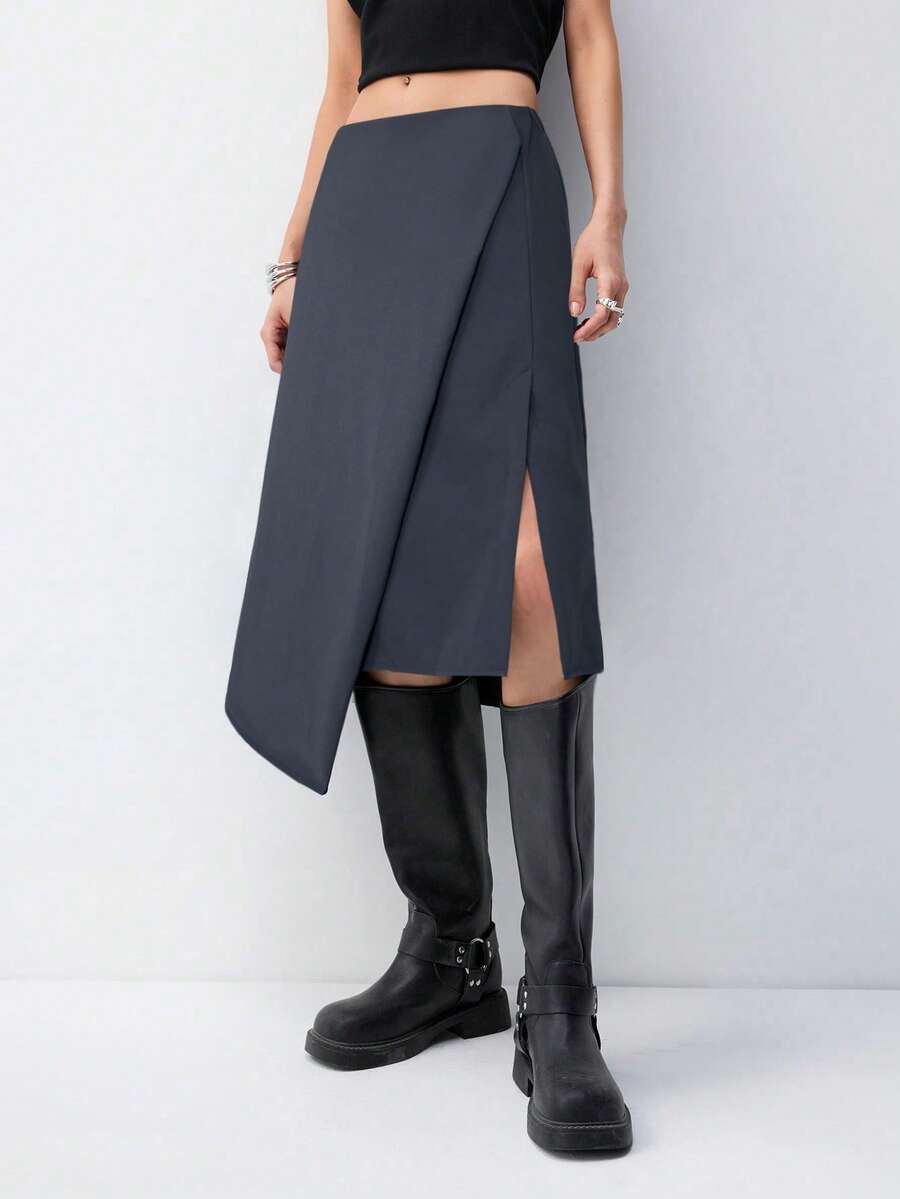 SHEIN EZwear 大码灰色不对称下摆无袖半身裙 - 灰色 - 查看 1
