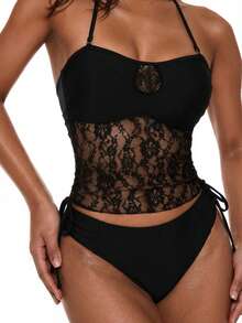 Oceva Bộ đồ bơi tankini gợi cảm dành cho nữ, phối ren tương phản, kiểu buộc dây cổ, thích hợp cho mùa hè đi biển. - màu đen - Xem 4