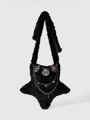 Grunge Punk Halloween Gothic Star Plush Crossbody Bag With Cross Chain And Cyclops Pattern, Y2K Punk Style Fuzzy Shoulder Bag For Women, Autumn/Winter, Halloween Bags Perfect For Fancy Party Matching With Halloween Costumes