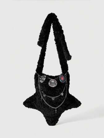 Grunge Punk Borsa a tracolla gotica in peluche con stelle, catena a croce e motivo ciclopico, stile punk Y2K, borsa a spalla morbida per donna, perfetta per feste in costume di Ognissanti, adatta per l'autunno/inverno