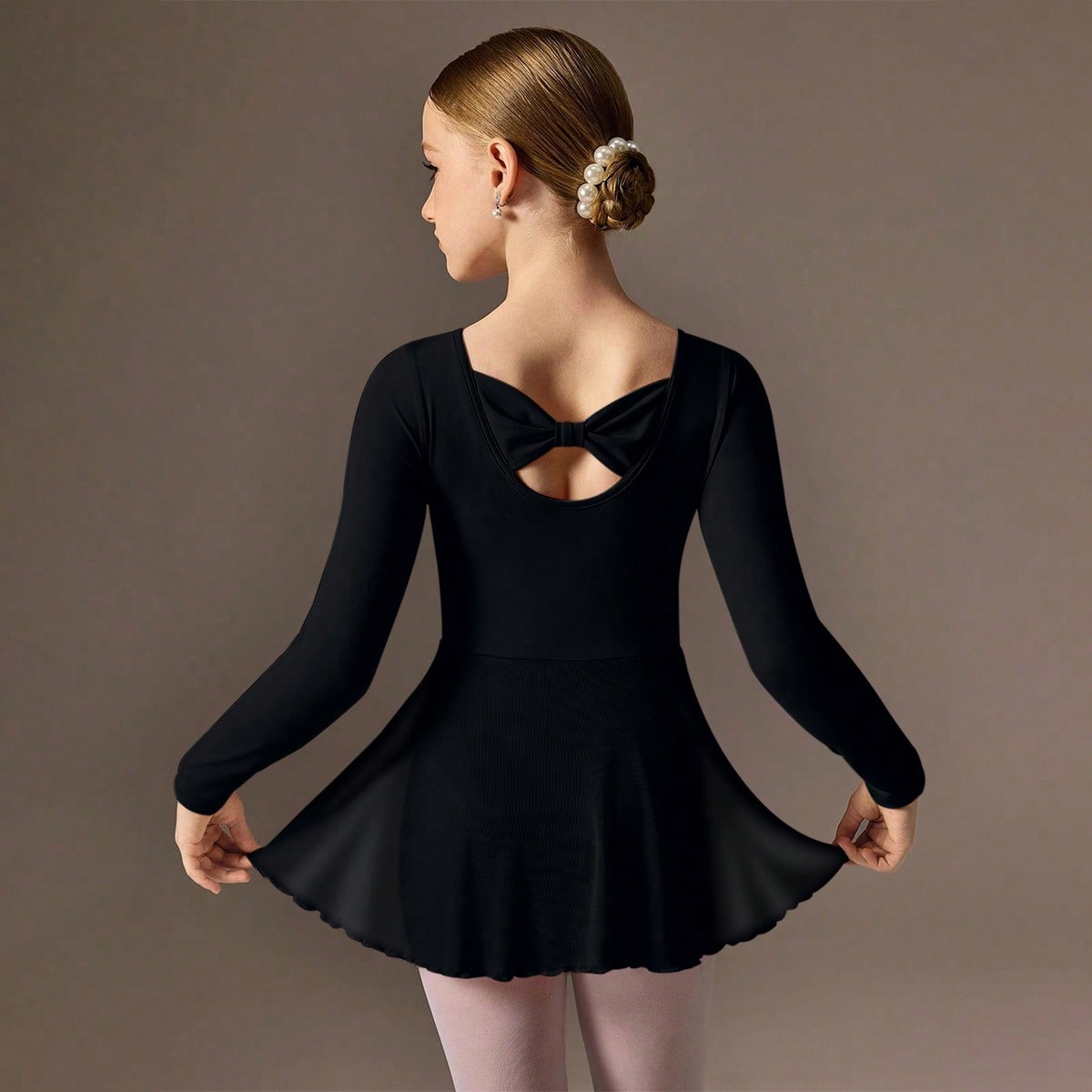 Vestido de ballet de manga larga color rosa para niñas preadolescentes, con cuello redondo, diseño de busto fruncido, diseño lindo de lazo en la es