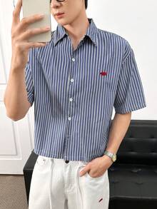 ESTAVOR Áo sơ mi nam cài cúc, họa tiết kẻ sọc, kiểu dáng thường ngày - Màu xanh lam - Xem 5