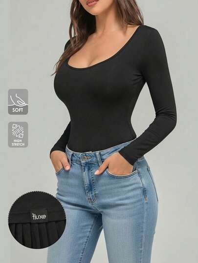 Fluxe Women's Solid Color Scoop Neck Long Sleeve Fitted Casual Versatile T-Shirt