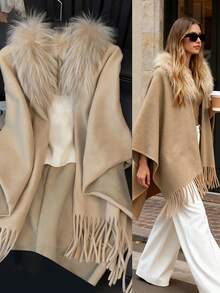 Franclia Women's Elegant Commuting & Outdoor Fringed Poncho Cardigan With Fur Collar, Fashion Scarf Shawl, Autumn/Winter