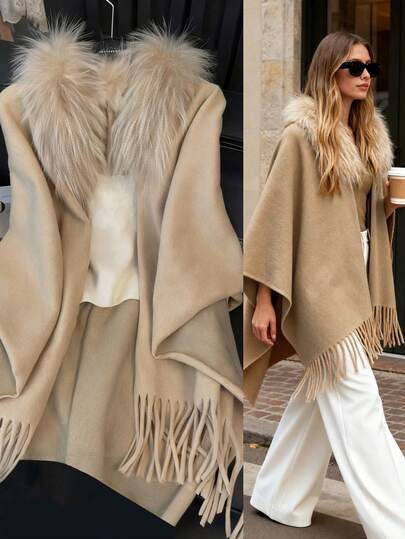 Franclia Women's Elegant Commuting & Outdoor Fringed Poncho Cardigan With Fur Collar, Fashion Scarf Shawl, Autumn/Winter