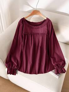 CosyJoli Plus Size Women Frill Trim Round Neck Long Sleeve Casual Brown Shirt, Versatile For Daily Wear Burgundy Spring - Burgundy - View 3