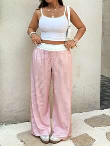 Sunnyshic Quần ống rộng kẻ sọc phong cách đường phố thường ngày, dáng rộng phối màu tương phản, thích hợp cho mùa xuân/thu. - Hồng - Xem 3