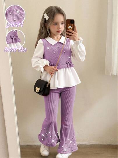 Elladie kids Conjunto de camisa casual para niñas, diseño de lazo en caqui, tela de punto acanalada con cuentas, blusa de manga larga con volantes en el bajo, combinada con pantalones acampanados de color caqui con perlas, conjunto de 2 piezas, adecuado para volver al colegio, casual, moda, dulce, cómodo atuendo para viajes al aire libre