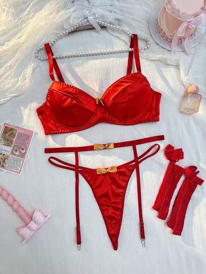 PetitDoll 情人节加大码甜美系列提花面料撞色花卉钢圈五件套内衣套装