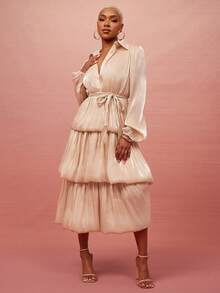 Vixey 象牙色欧根纱半开襟灯笼袖层叠泡泡下摆中长连衣裙