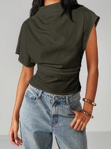 MISSGUIDED Mock Neck Short Sleeve Fitted Top With Relaxed Upper Body Design For Casual Everyday Wear - Army Green - View 5