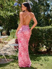 KARISMINA 女士时尚优雅吊带露背粉色碎花连衣裙，超级别致连衣裙，情人节连衣裙 - 粉色 - 查看 2