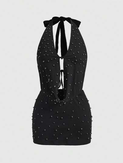 ROMWE Avant 3D Water Drop Decor Plunging Draped Neck Mini Dress