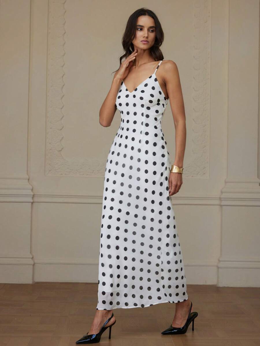 Revavyn 优雅波点雪纺深V领无袖连衣裙，适合工作和日常穿着。 - 黑與白 - 查看 1