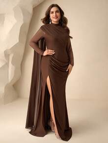 Coutiva 大码女式纯色撞色网纱荷叶边侧开衩下摆优雅正式晚礼服（重工装饰） - 棕色 - 查看 5