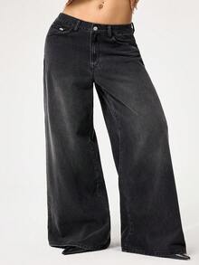 ROMWE Grunge Punk Jeans rectos de talla grande con lavado desgastado, cruce y enredadera de estilo punk, extra largos para mujeres de talla grande - Negro - Ver 5