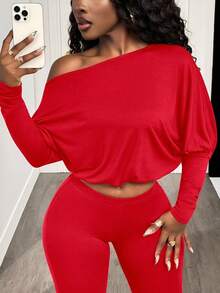 BamGleam 性感不对称肩部收腰长袖露脐上衣和裤子套装 - 紅色 - 查看 5