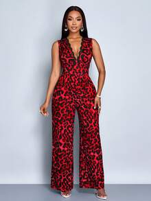 SOLERSUN Women's Contrast Lace Leopard Print Deep V Sleeveless Wide Leg Jumpsuit, Elegant For Commuting And Casual Dating, Sexy & Romantic - Red - View 3