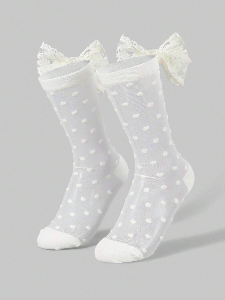 ROMWE Kawaii Kaus Kaki Wanita Setengah Betis dengan Hiasan Pita dan Detail Berkilau - A1 putih pudar - View 1