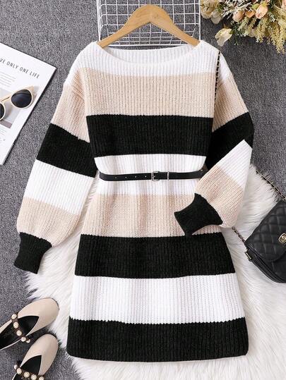 SHEIN 一件少女毛衣连衣裙，露肩撞色条纹宽松款式，厚度适中，下摆整齐，袖口收紧，经典百搭针织连衣裙，面料柔软亲肤，色彩鲜艳，宽松舒适，适合日常穿着、外出、上学、秋冬季节。