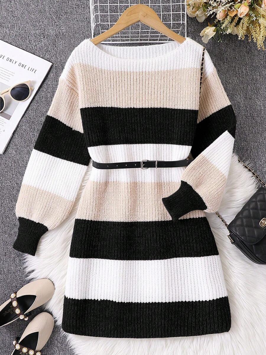SHEIN 一件少女毛衣连衣裙,露肩撞色条纹宽松款式,厚度适中,下摆整齐,袖口收紧,经典百搭针织连衣裙,面料柔软亲肤,色彩鲜艳,宽松舒适,适合日常穿着、外出、上学、秋冬季节。 - 彩色 - 查看 1