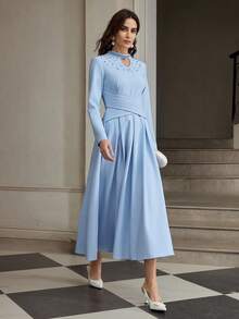 ZEYLAH Elegant Rhinestone Embellished Mid-Length Dress For Women - Blue - View 6