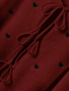 CosyJoli 大码女式心形刺绣系带开衫和吊带针织衫休闲套装 女式针织衫心形图案开衫开衫和背心套装 春季女装 - 酒紅色 - 查看 3