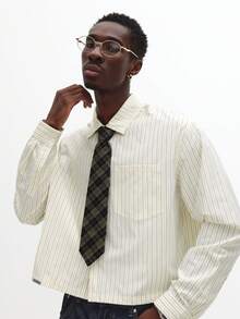 SUMWON 短款细条纹长袖衬衫，配格子领带，复古风秋季休闲纽扣衬衫 - 白色 - 查看 5